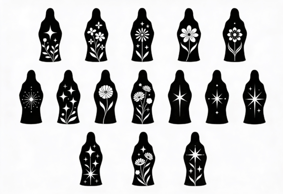 Black Floral and Star Silhouette Clipart