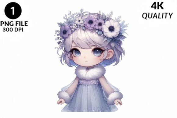 Cute Chibi Winter Girl Floral Wreath PNG Review