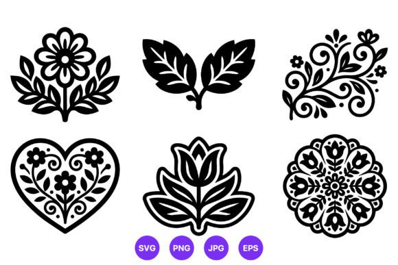 Folky Floral Black White Vector Icons Review
